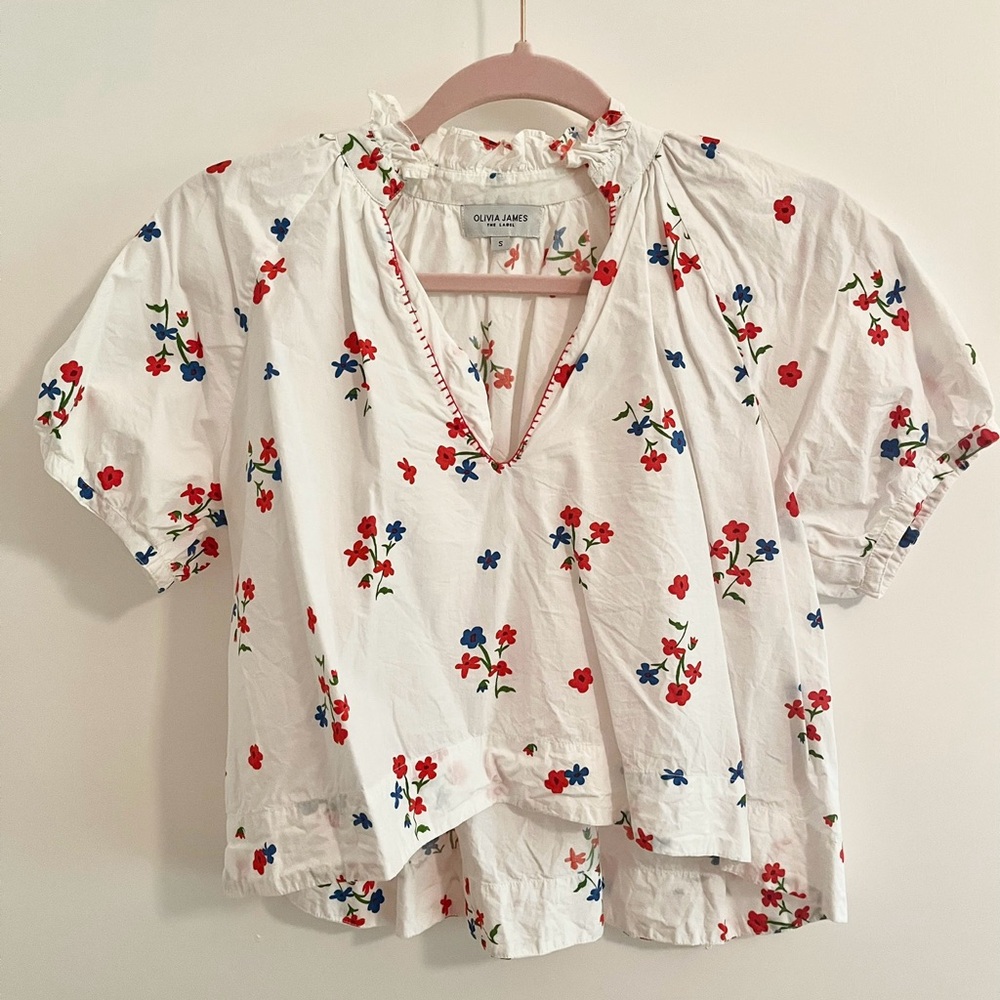 Olivia James The Label White Elizabeth Top w/ red stitch & red & blue flowers